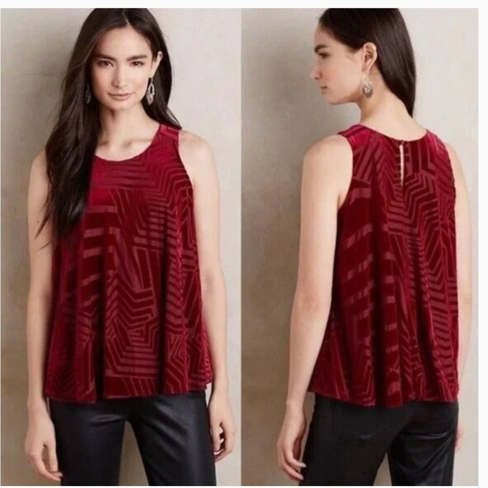 Sunday in Brooklyn Labyrinth Swing Top M Merlot Red Burnout Velvet Anthropologie